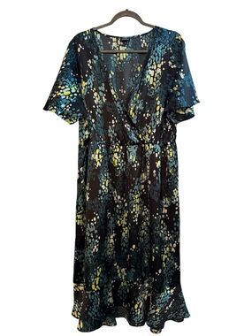 torrid Black Teal & Yellow Printed Wrap Midi Dress